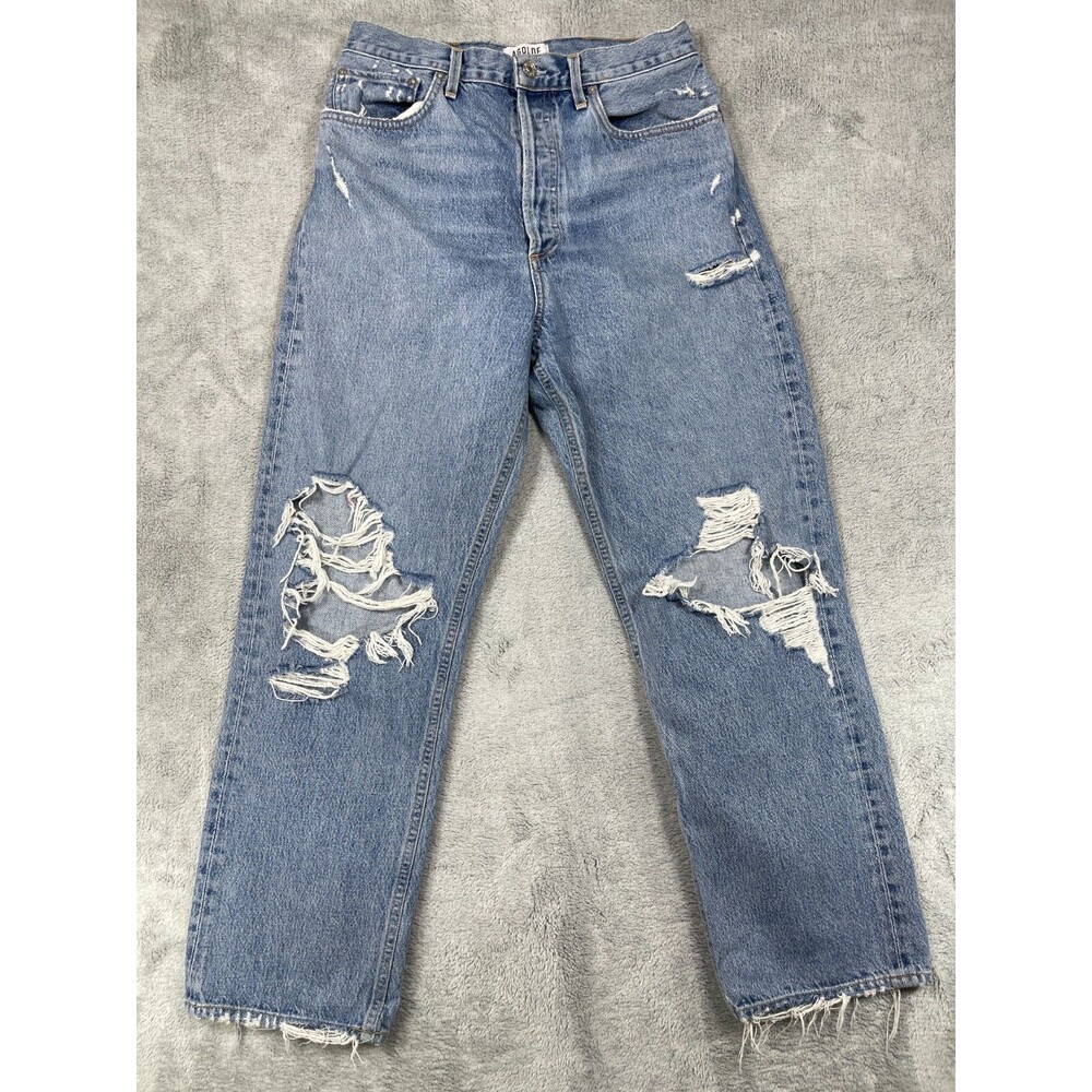 Agolde Premium Jeans Women 28 Blue 100% Cotton Distressed High-Rise Straight Leg